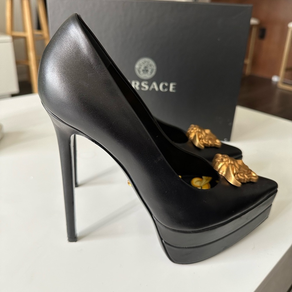 Versace Black Leather Gold Tone Medusa Palazzo Platform heel
